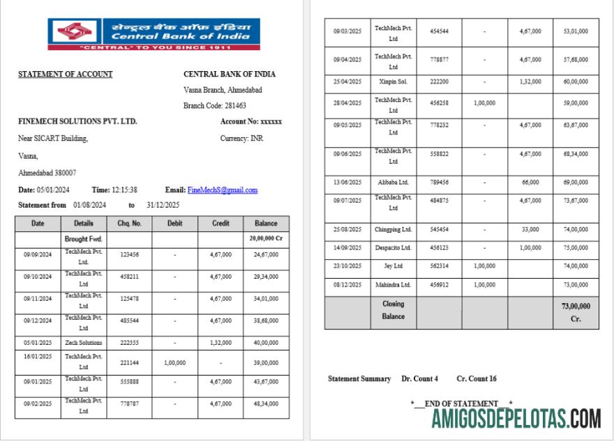 Declaração realista do Banco Central da Índia, modelo Word e PDF, 2 páginas